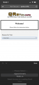 Screen Shot of the First Check-In Screen at QRstuv.info. On selecting, it takes you to the appropriate online form to get alert the best person of your presence! Try it out!