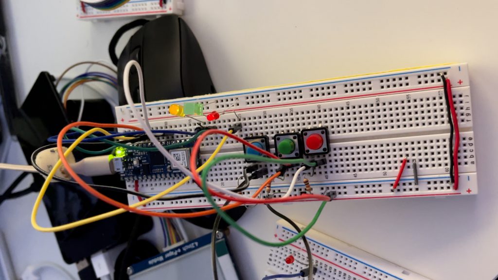 An attempt to create a three toggle button system with independent LEDs. I couldn’t get it to work, but spent hours with it. Ultimately, there were hardware issues, but they made me comb through my code enough it improved it! Ultimately, I landed on a 1 button-to-get-it-done system.