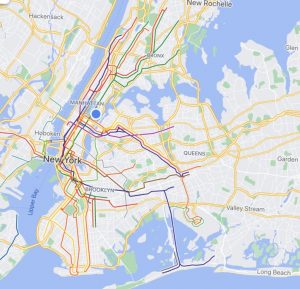 Map of New York City showing subway lines with boroughs labeled