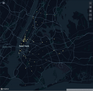 Map of New York City with only ADA-compliant MTA subway station entrance and exit locations marked