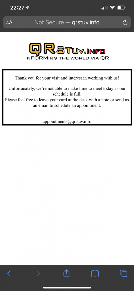 Screen Shot of Confirmation Screen. This one was for a visitor making a sales call.