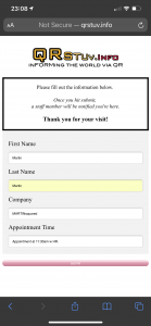 Screen Shot of One of the Forms. Your phone may even fill it in for you if you have your contact setup. Once you’ve submitted you’ll get a message appropriate to your reason for visiting. The person most likely to help you—receptionist, warehouse manager, etc.—would get a Priority Alert to a device that would display the info from the form and, yet-to-be conquered, added to a Google Sheet. I managed to get my Scripts account locked. D’oh!