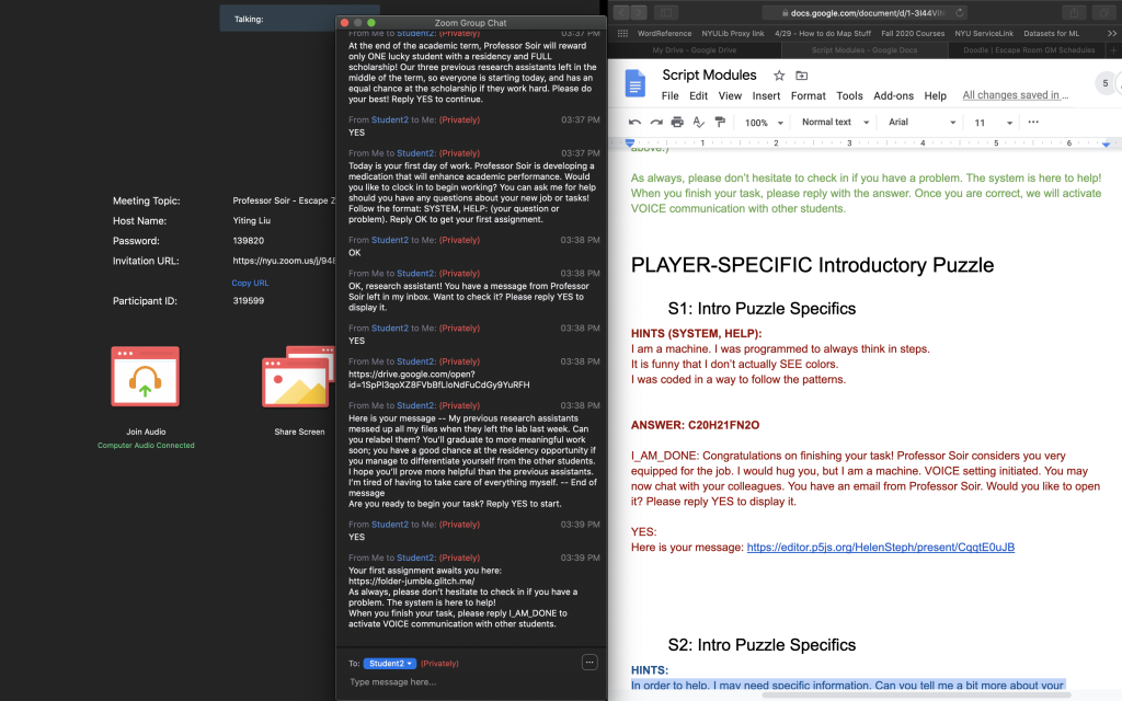 Screen Shot of my Screen while GMing; Escape Zoom on the left. Google Doc with Script Modules on the Right