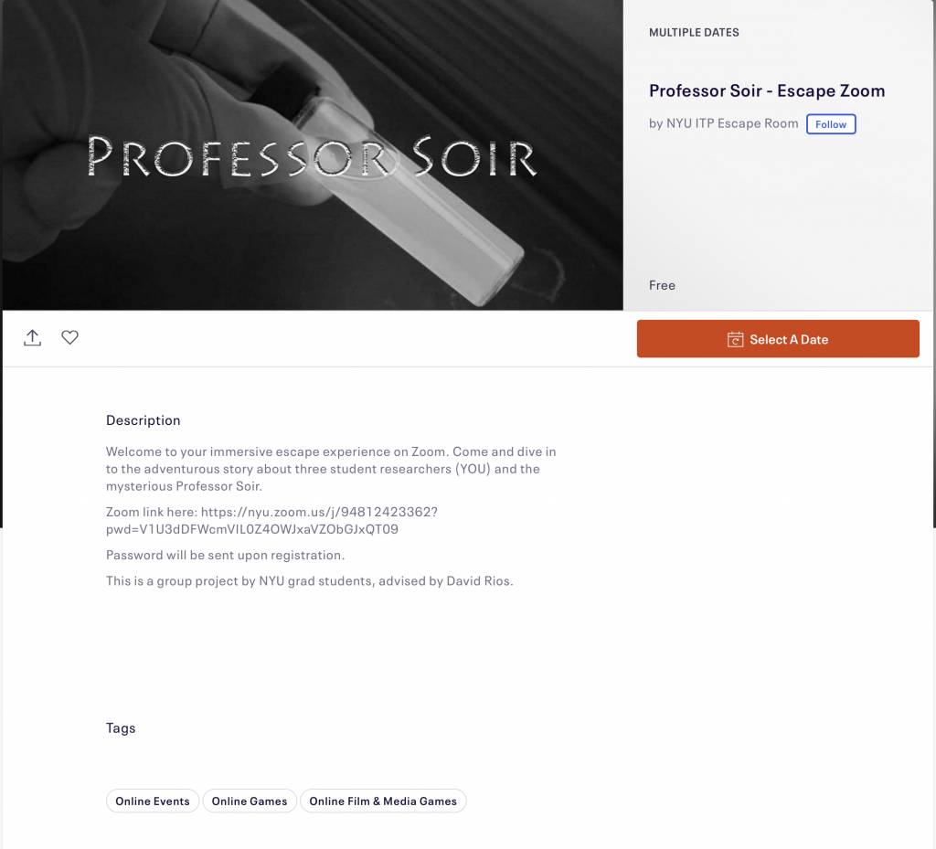 Eventbrite Listing for Professor Soir’s Escape Zoom