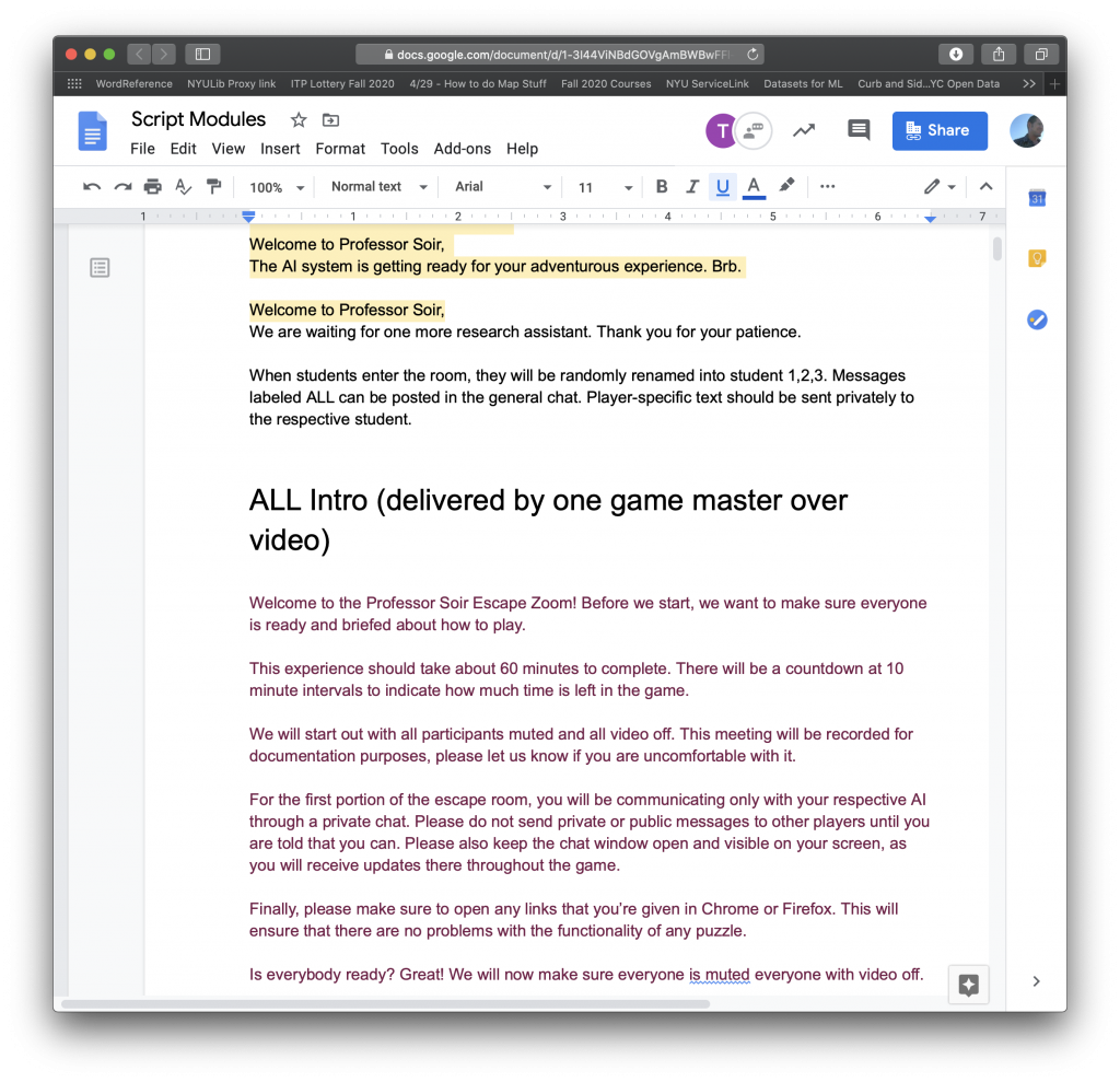 Screen Shot of Script Modules for Professor Soir’s Escape Zoom