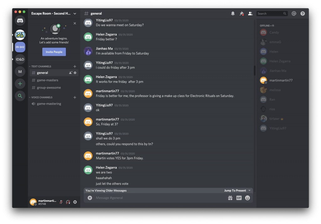 Screen Shot of our Escape Room Class Coordinating across Hemispheres via Discord