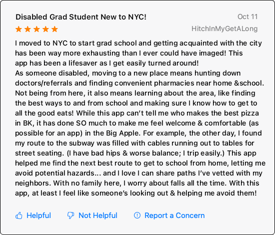 Example of a Dream Review for a Disabled Grad Student new to NYC, Persona A.